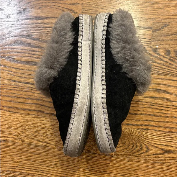 UGG Black Suede Slippers with Gray Shearling, probably size 6 - Image 2