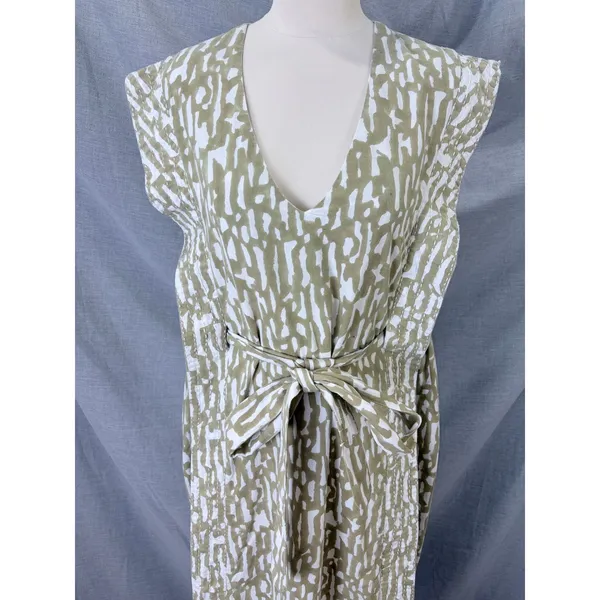 MIRTH‎ Olive Block Print Cotton Midi Dress Kantha Stitch Integrated Belt L - Image 7
