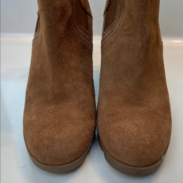 Sorel Women’s Joan Uptown Suede Chelsea Brown Stacked Slip-On Wedge Boots - Image 5