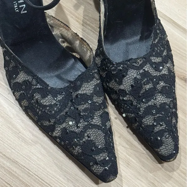 St John Italian Pumps Pointed Toe Kitten Heels Black Lace Sparkle Women’s 8.5 - Image 2