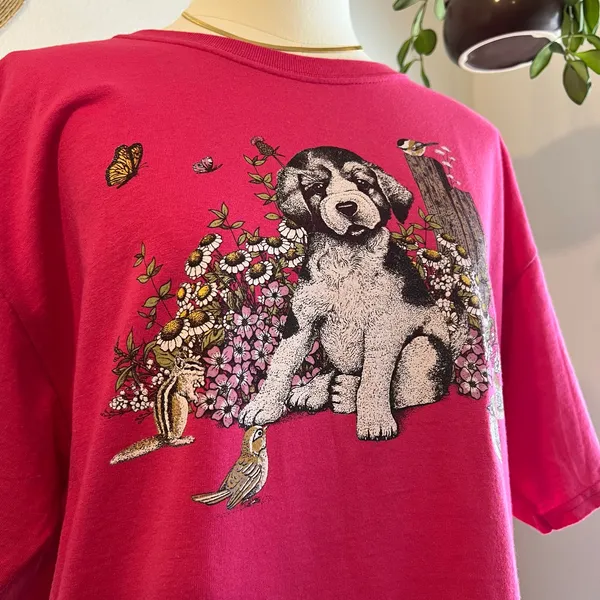 Jerzees Vintage 90s Pink Dog Garden Graphic Cotton Short Sleeve Tee Size Large - Image 6