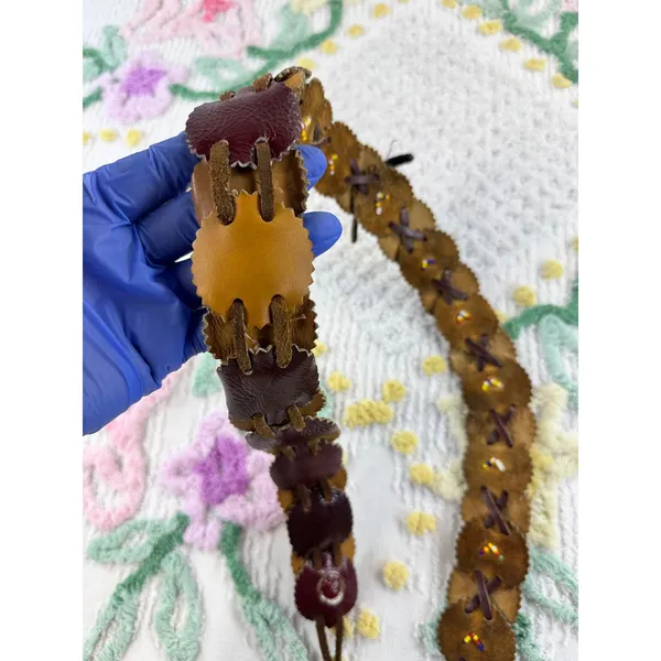 Vintage Leather Scalloped Disc Belt Made in Canada Boho Beaded Tie Closure Brown - Image 3