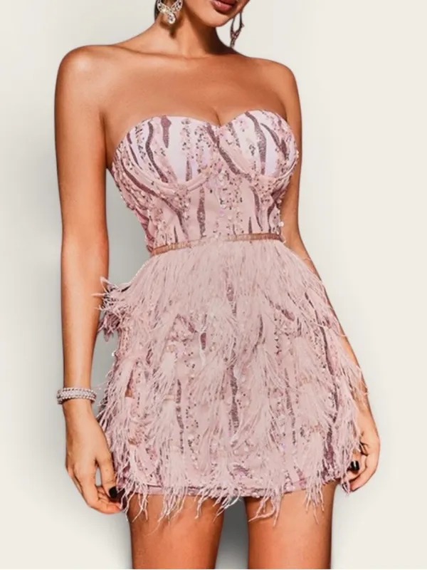 BELLA BARNETT Strapless Pink Sequin & Feather Cocktail Dress Size Small - Image 3