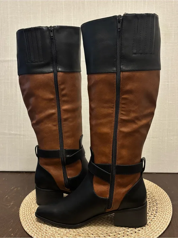 Just Fab Black and Tan Winnie Block Heel Boots | Women | Size 6.5 NWOB - Image 3