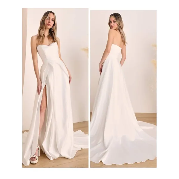 Lulus Lifetime of Love White Satin Strapless A-Line Gown Size 10 Classic Wedding - Image 15