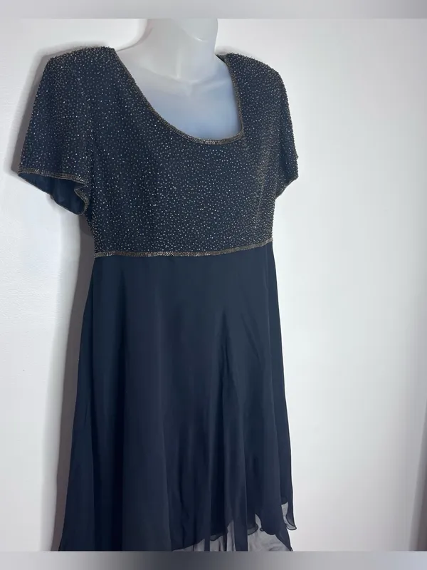 Papell Boutique 100% silk black Beaded Short Sleeve Chiffon Cocktail Dress 14 - Image 5
