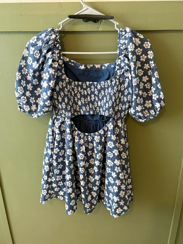 American Eagle Blue Floral Square Neck Puff Sleeve Mini Dress - Image 3