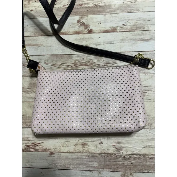 Betsey Johnson Crossbody Bag Perforated Hearts Black White Pink Gold Chain - Image 2