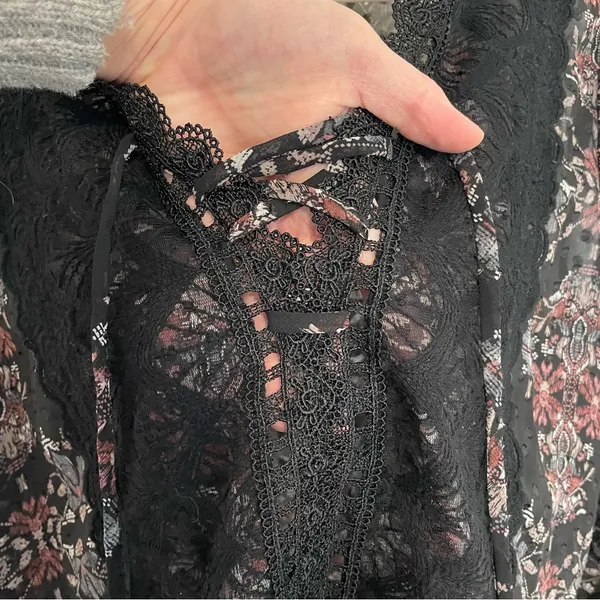 MAURICES Black Geometric Swiss Dot Crochet Lace Up Long Sleeve Peasant Top Tunic - Image 7