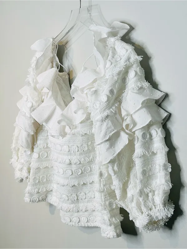 Alexis Damini White Off Shoulder Ruffle Long-Sleeve Fringe Blouse Shirt Top - Image 7