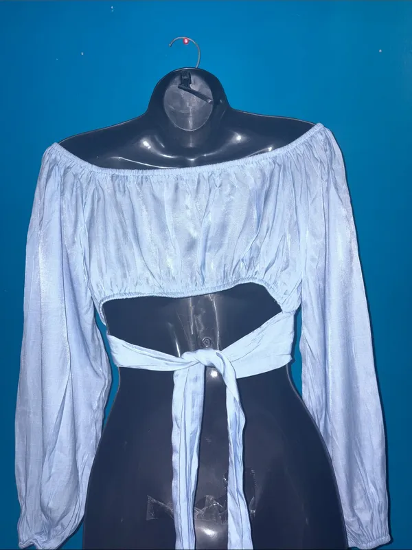 Light Blue Off-Shoulder Crop Top with tie back - Image 4