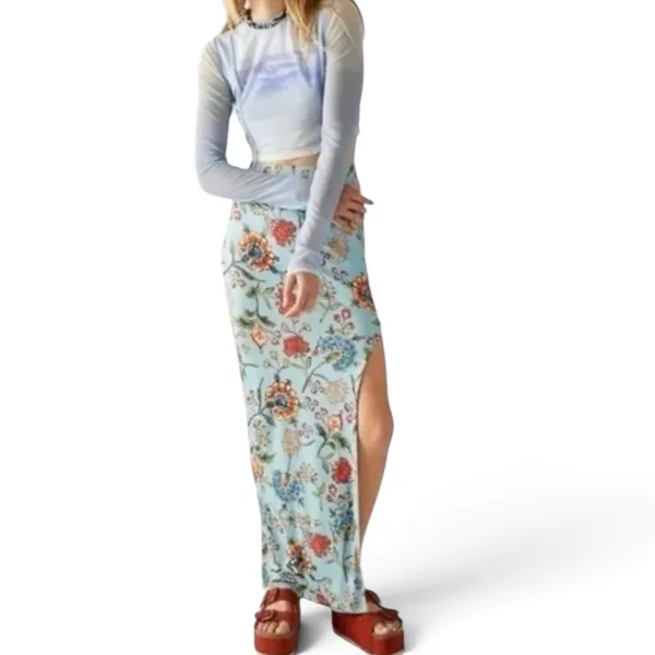 Free People Blue Floral High Slit Stretchy Maxi Skirt Size Small - Image 3