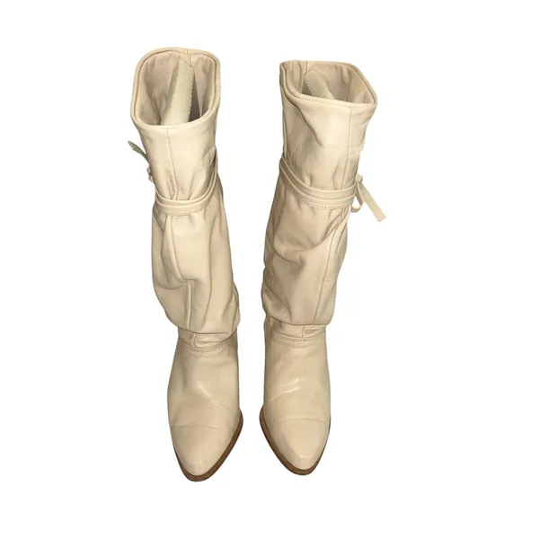 Dingo Vintage Cream Leather Slouch Boots Bow Tie Stacked Heel Pointed Toe Size 9 - Image 4