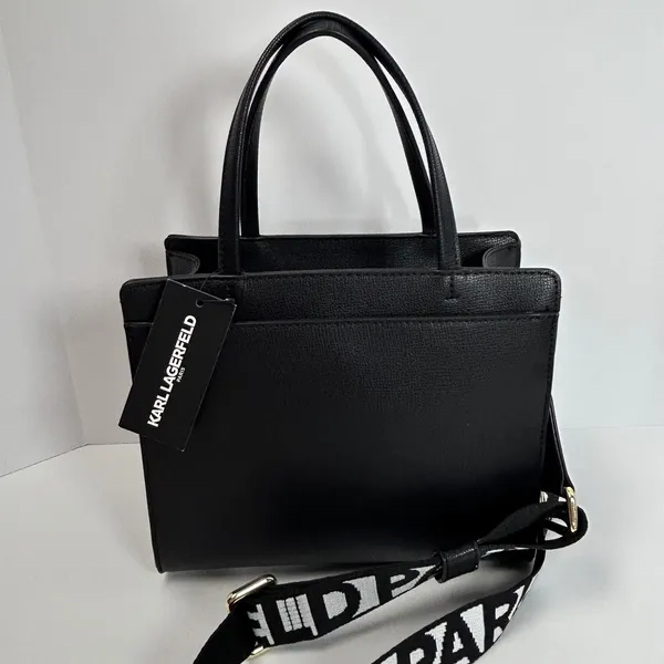 Karl Lagerfeld Paris Black Leather Graffiti Tote Bag‎ Crossbody Strap - Image 3