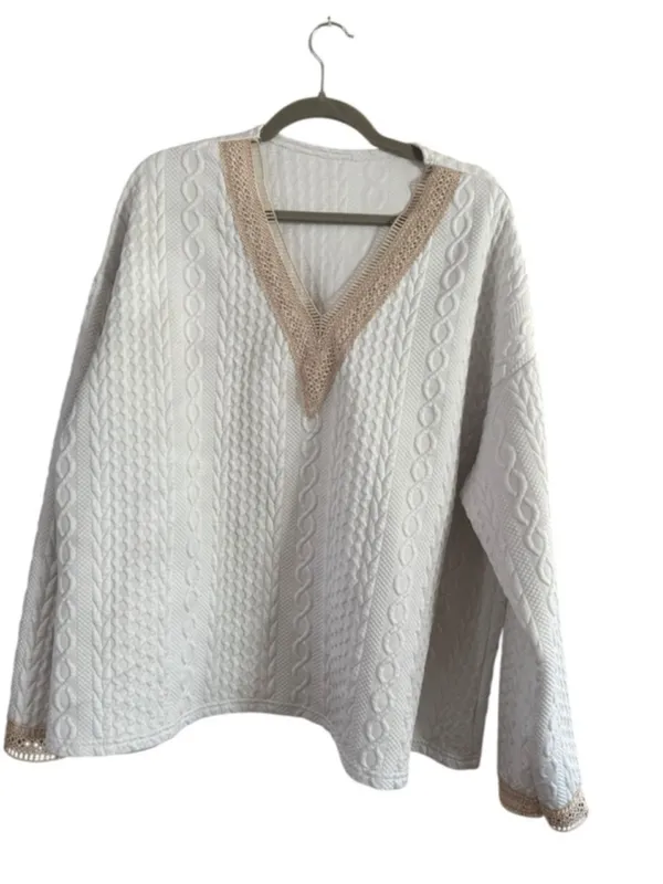 V-Neck White Cable Knit Sweater with Beige Contrast Trim - Image 2
