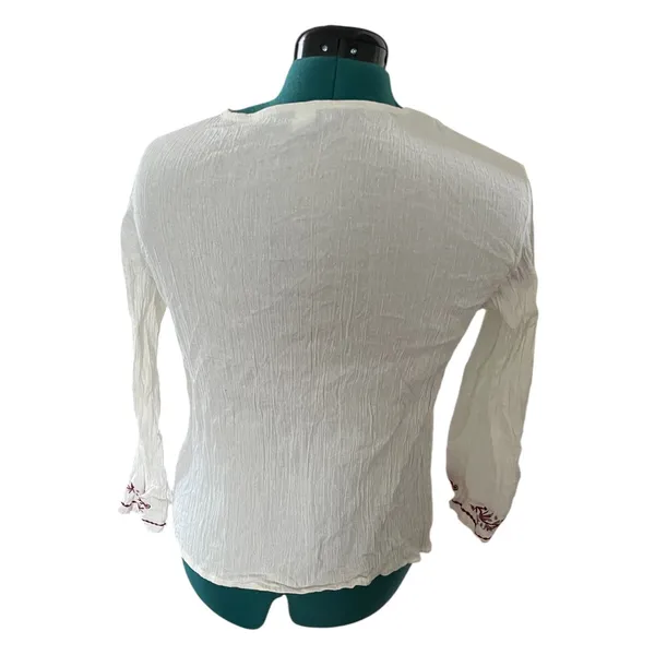 Vintage Ivory/Burgundy Embroidered Lace Up Peasant Crinkle Long Sleeve Top Boho - Image 2