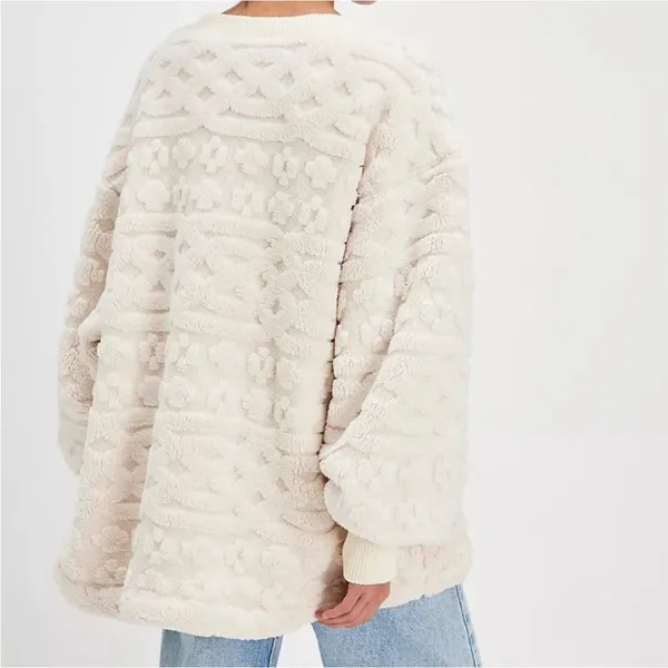 NWOT Free People Cable Knit Faux Fur Oversized Sweatshirt | Ivory Cream Sz Small - Image 10