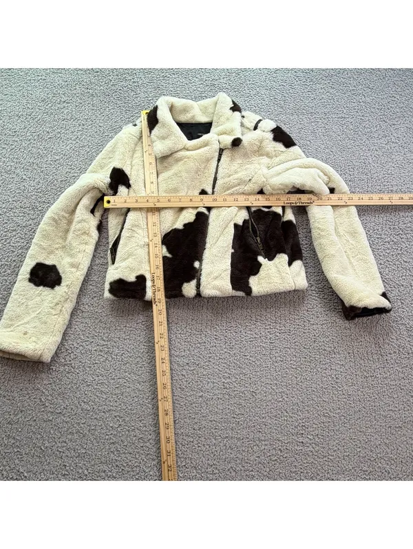 Forever 21 Womens Cow Print Faux Fur Cropped Moto Jacket Biker Zip Cream Brown S - Image 3