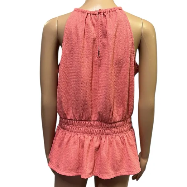 Nine West Peach Sleeveless Halter Keyhole Back Peplum Smocked Tank Top Blouse M - Image 6