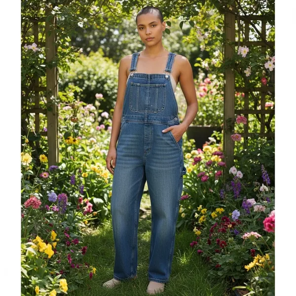 Flamingals Womens Denim Overalls XL Medium Wash Straight Leg Carpenter 80498 NEW - Image 3