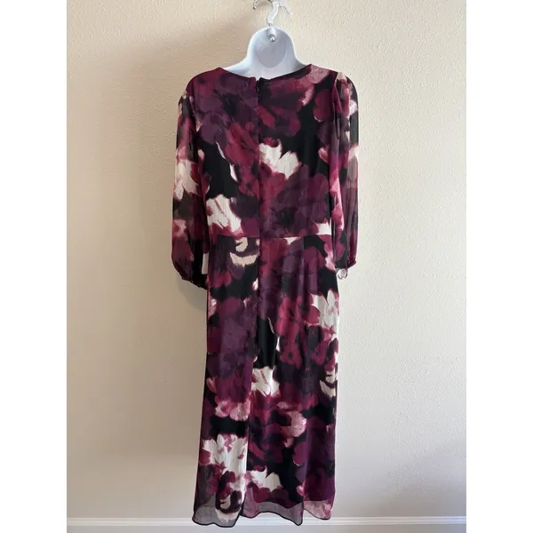 DKNY Size 8 Abstract Floral Balloon Sleeve Faux Wrap Dress - Magenta &‎ Plum - Image 7