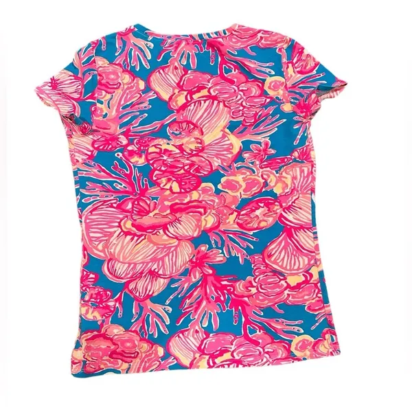Lilly Pulitzer Michelle Cap Sleeve Vneck Tshirt Cotton Stretchy Pink Blue Top S - Image 4