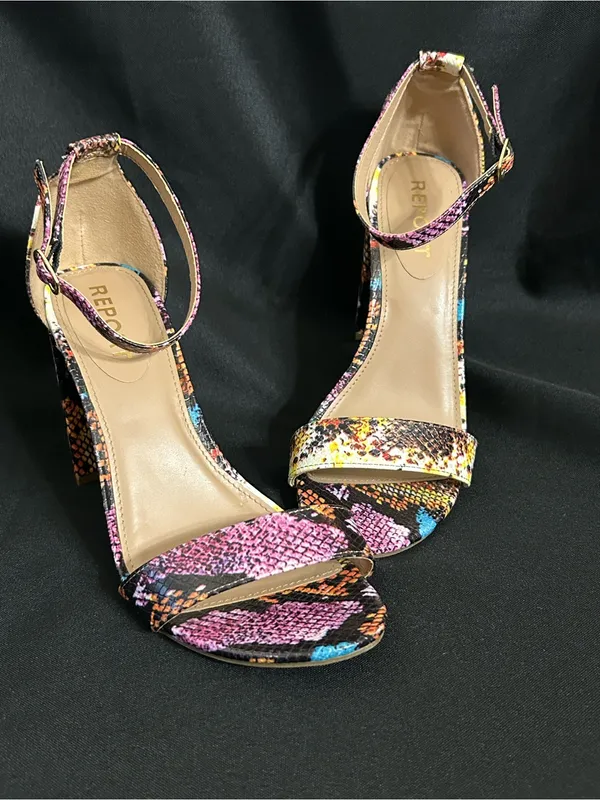 Report Multicolor Snakeskin Ankle-Strap Block Heel Sandal Pink/Yellow/Blue 8.5 - Image 4
