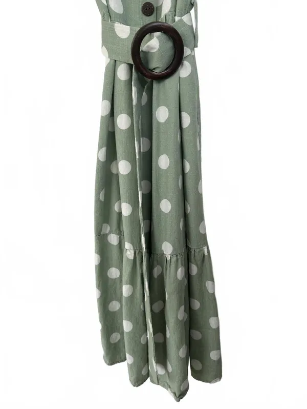 Monteau Linen Blend Polka Dot Midi Dress with Belt Green Size Small - Image 6