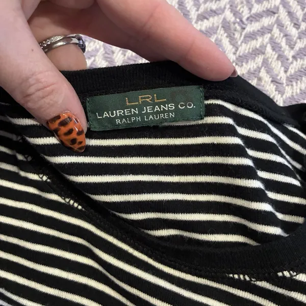 Lauren Ralph Lauren Womens Knit Tee Top Black/White Striped Elbow Patch Large - Image 10