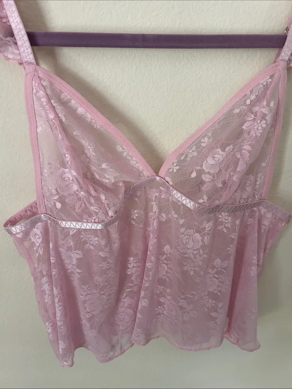 Dolls Kill Avidlove pink, sheer, floral lace, coquette, ruffle baby doll crop tank S - Image 2