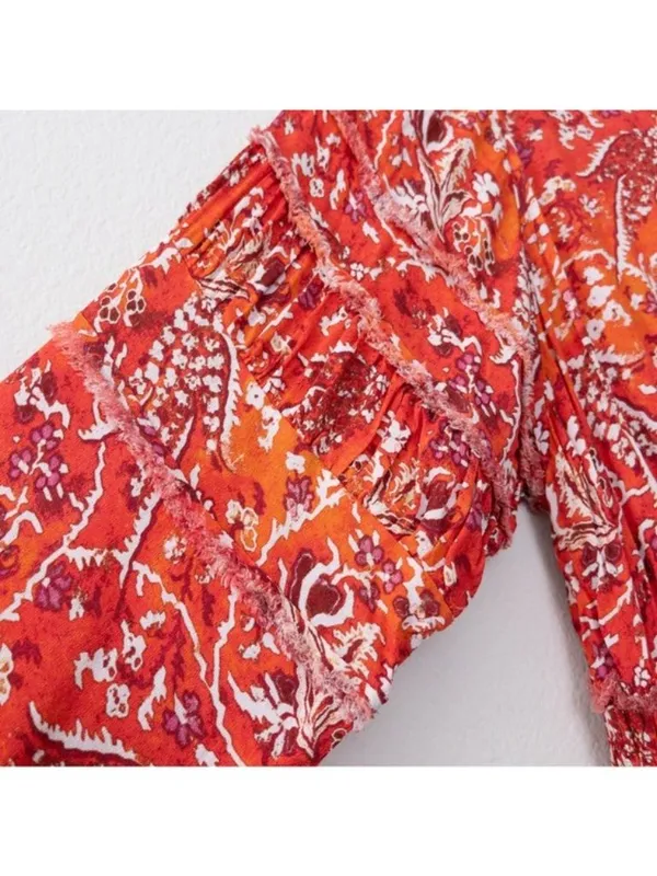 IRO Rhodey Frayed Ruffle Trim Crepe Playsuit 44 Red Romper Floral 12 Loose Fit - Image 7