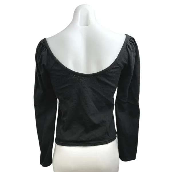 Free People Women's Black Long Puff Sleeve Scoop Neck Button Up Blouse Top Sz M - Image 2