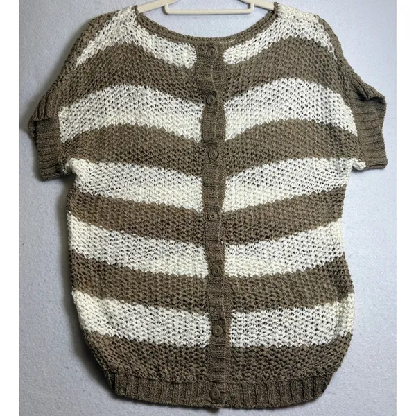 Forever 21 Women Brown White Striped Open Knit Button Back Sweater Medium - Image 4
