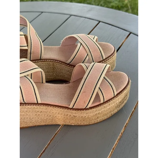 Tory Burch Pink Beige Striped Strappy Wedge Platform Slip-On Sandals Size 7M - Image 10