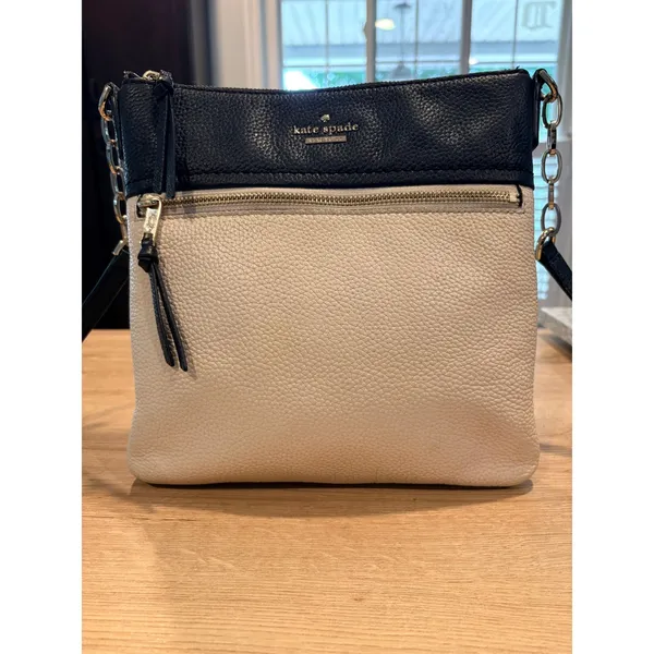 Kate Spade New York Crossbody Bag Pebbled Leather Navy Cream Gold Hardware - Image 6