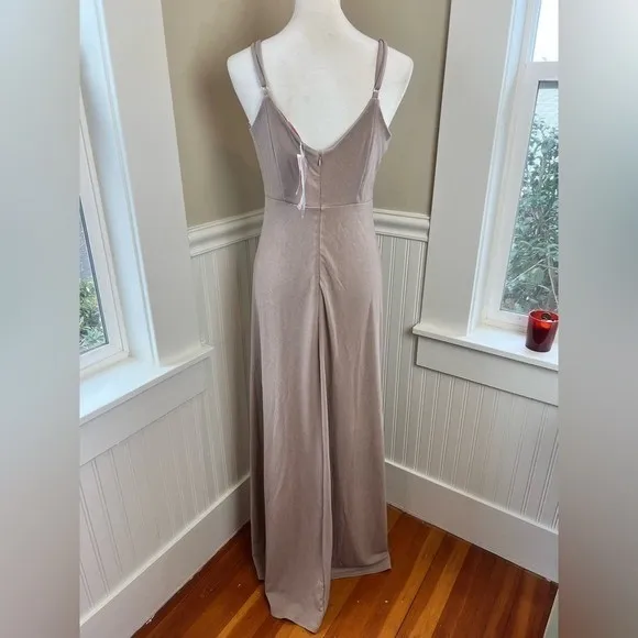Birdy Grey Jay Crepe Maxi Dress Taupe V-Neck Side Slit Size Medium Bridesmaid - Image 3