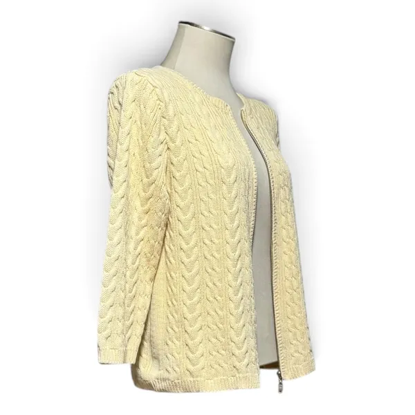 Christopher & Banks 100% Cotton Cable Knit Sweater Zip Up Light Yellow Large - Image 5