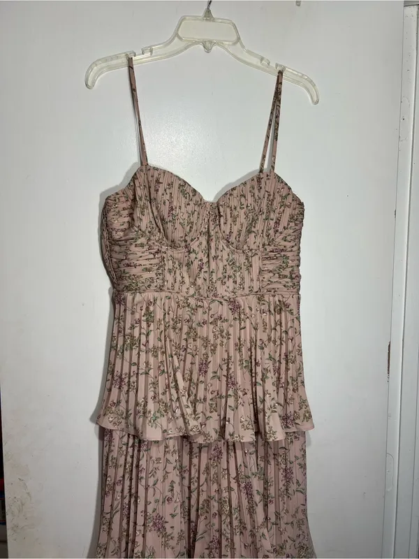 Lulus Cascading Crush Pink Floral Print Tiered Bustier Midi Dress size M - Image 4