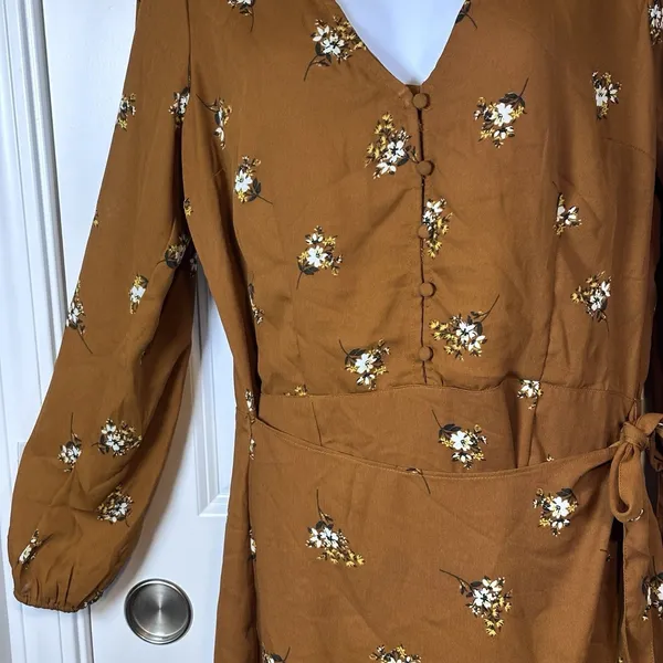 Abercrombie & Fitch Floral Wrap Dress Rust Orange Long Sleeve Boho Ruffle Hem M - Image 11