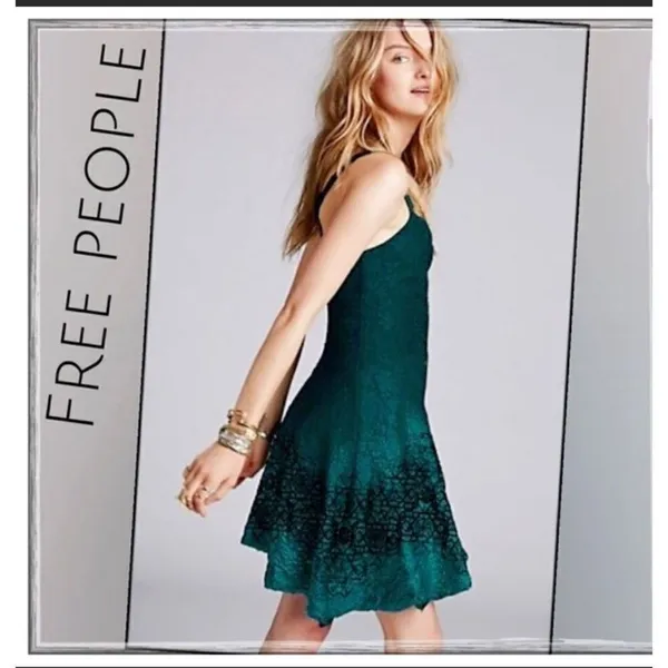 Free People Strap Mini Flare‎ Dress Green Floral Lace Black Velvety Detail - Image 10
