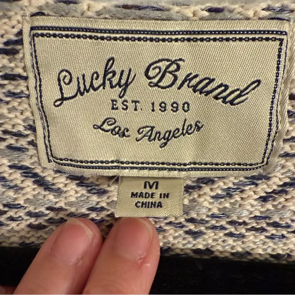 Lucky Brand Geometric Navy and Cream Cardigan Women's Medium VTG - Image 2