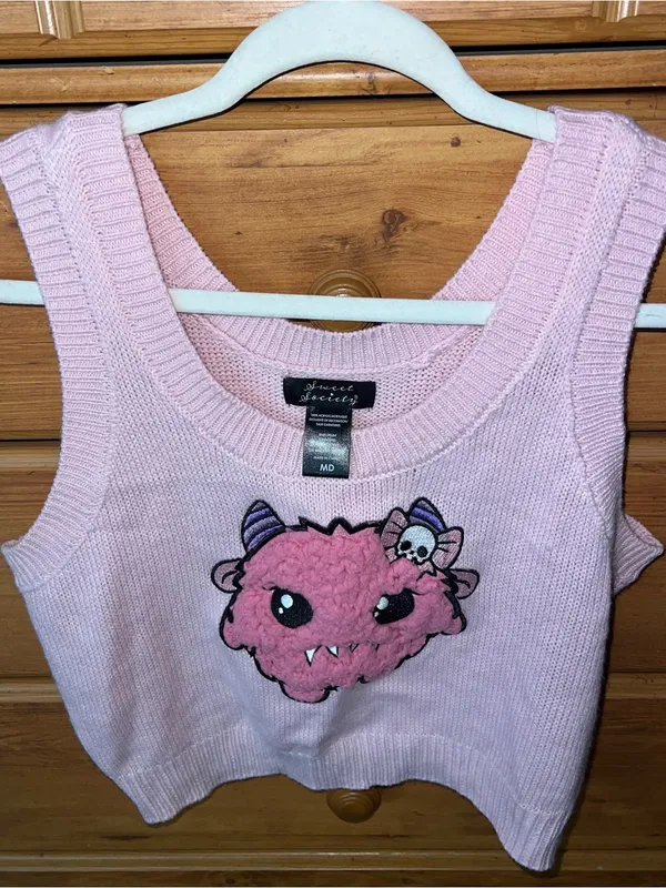 Hot Topic Sweet Society pink monster sweater vest skull bow alternative goth med - Image 2