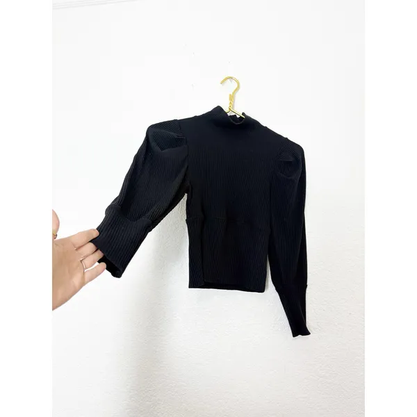 Free People Lala Top in Black Size Small Ribbed Puff Sleeve Cropped Minimalist - Image 11