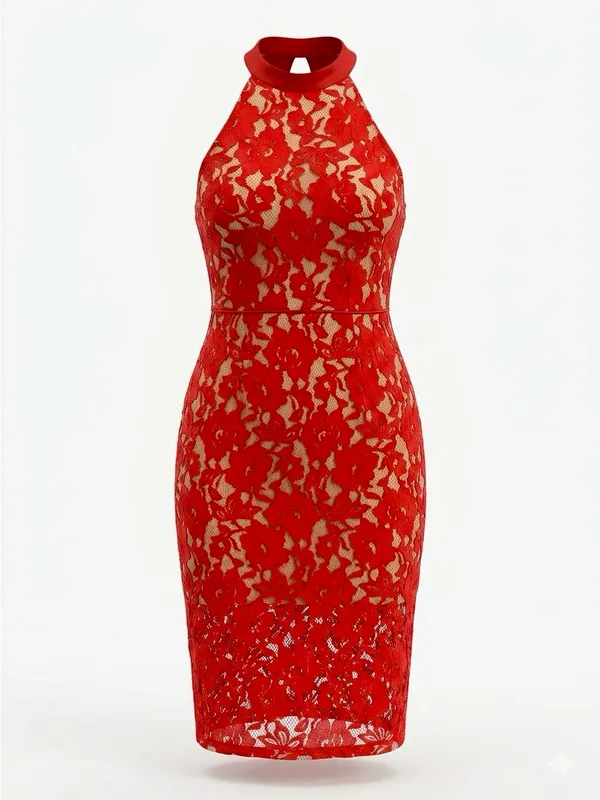 ABS Allen Schwartz Red Floral Lace Halter Dress Sheath Cocktail Wedding Guest 4 - Image 2