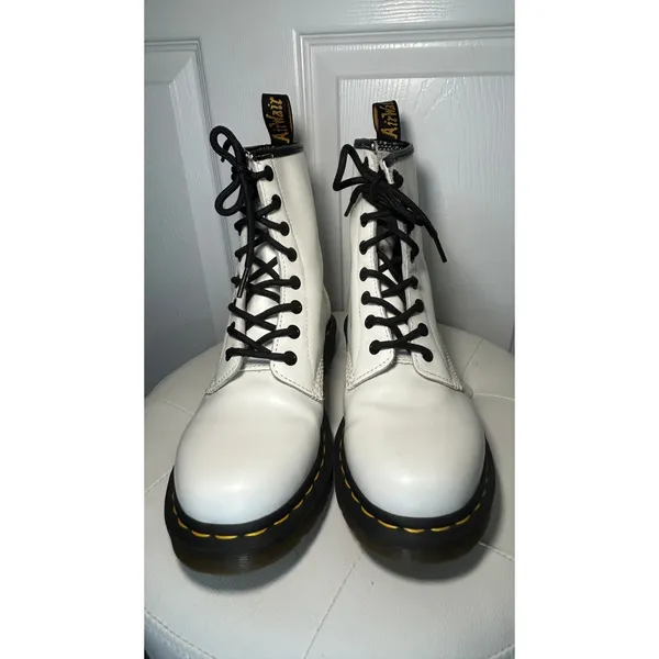 Dr. Martens 1460 Combat‎ Boot 8 White Smooth Leather Lace Up Yellow Stitching - Image 2