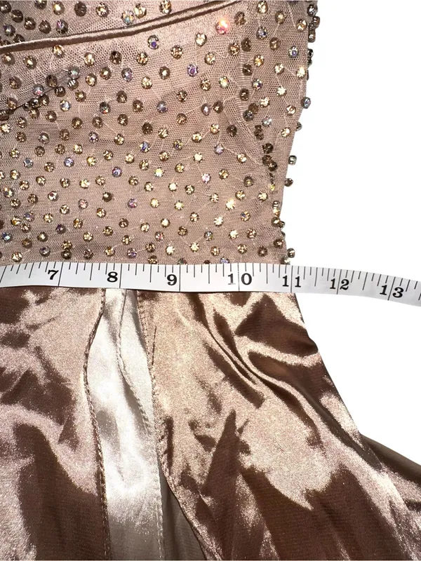 Sherri Hill 52570 Beaded Rhinestone Satin Layered Halter Gown 0 in Mocha - Image 8