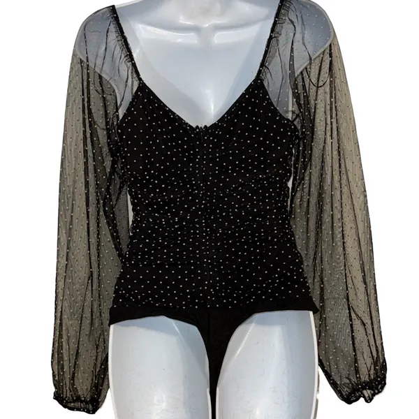 LE LIS COLLECTION Dina Black Swiss Dot‎ Sheer Sleeve Square Neck Bodysuit Medium - Image 5