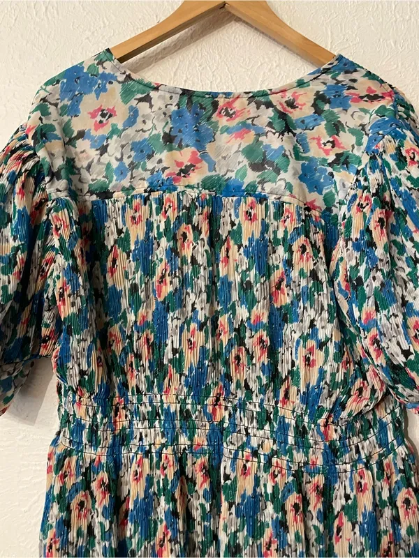 NWT Ganni Floral Pleated Georgette Blue V-Neck Puff Sleeve Midi Dress 40, Large - Image 9