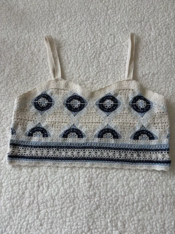 Rebellion Boho Y2K Geometric Crochet Crop Tank Cami Top Blue Cream Size Small - Image 2