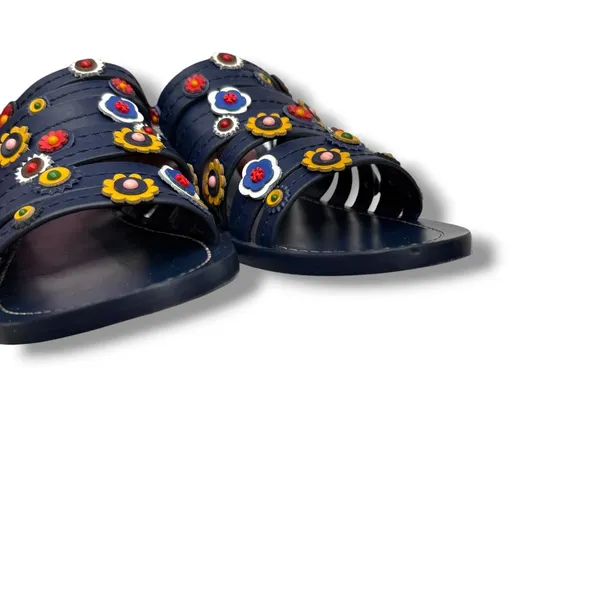 Tory Burch Marguerite Sandals 8 Navy Leather Floral Summer Casual‎ Boho - Image 5